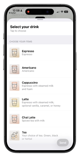 Image of iPhone with high quality AI messaging experience. menu of options in iMessage with graphics and rich details. graphic demonstrates value of modern AI messaging capabilities.