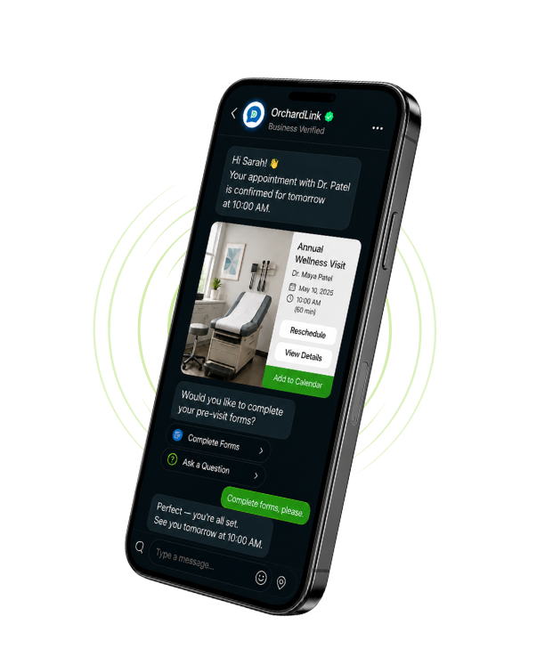 An iphone with an example of what OrchardLink ai powered text conversations look like.